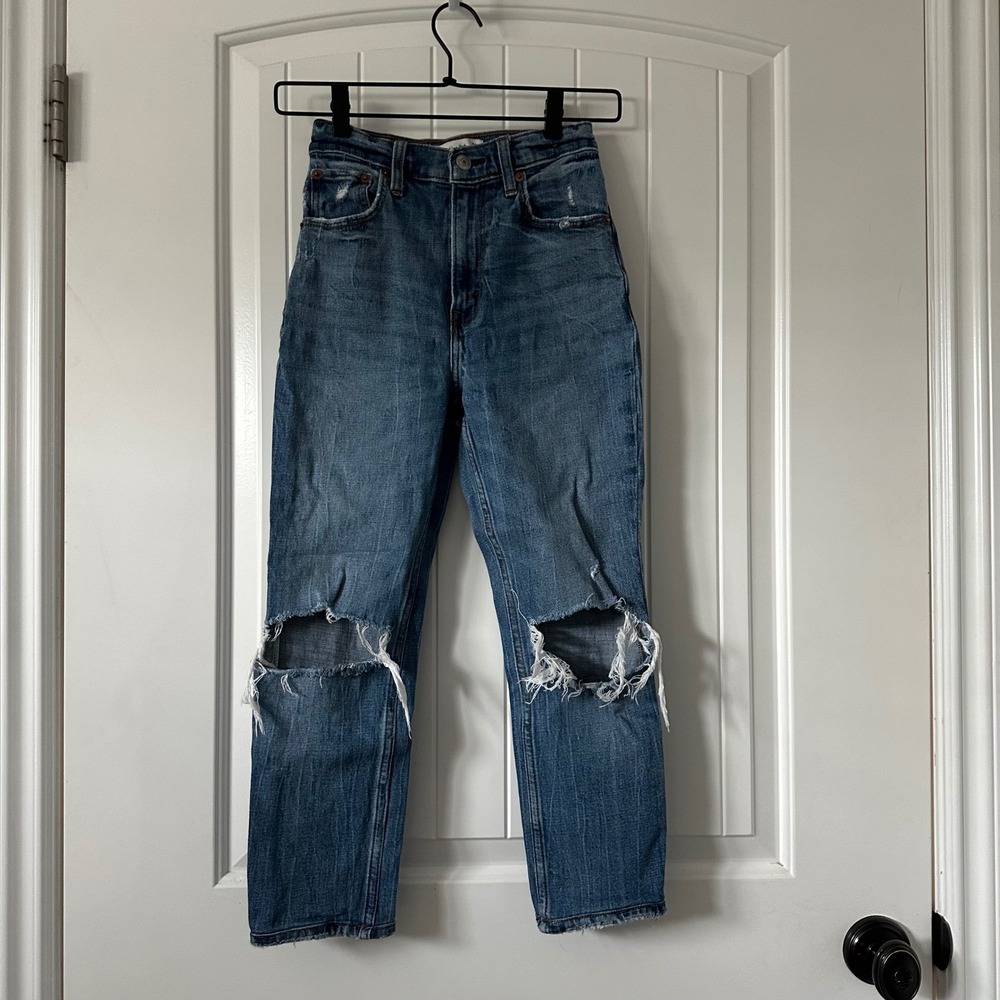 Abercrombie & Fitch Ankle Straight Ultra High Rise Jeans Distressed Blue Size 24